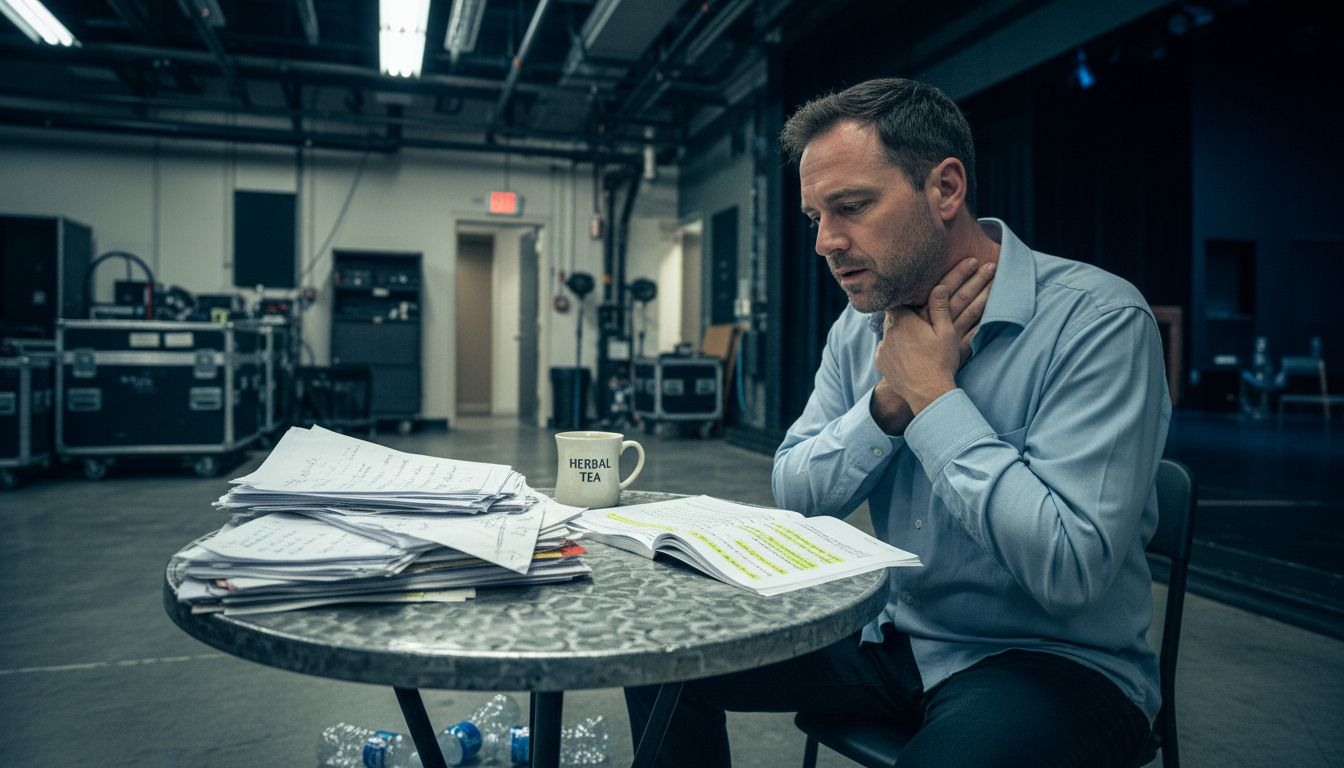 Actor backstage massaging throat with script