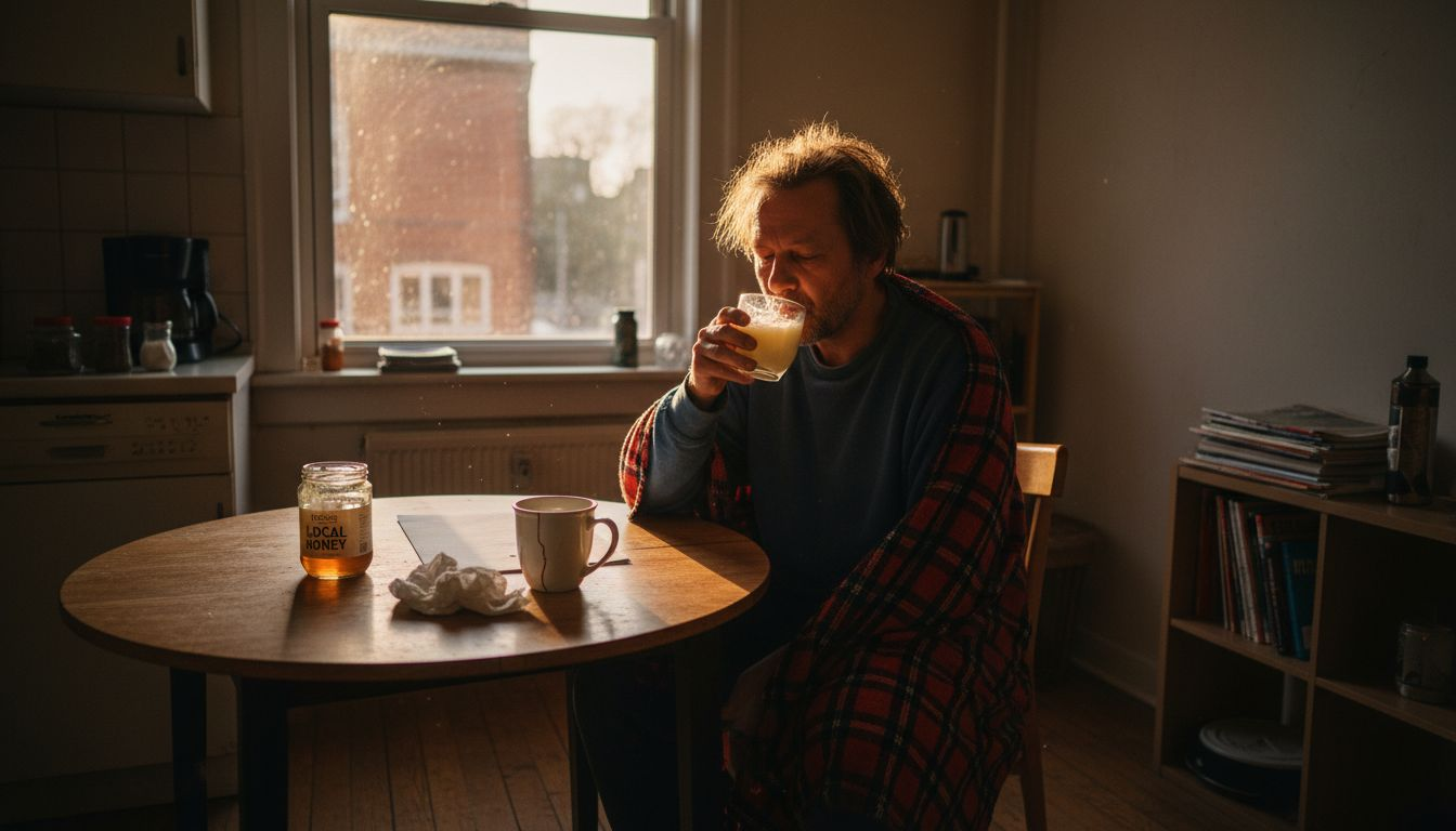 Man drinking kogel mogel for throat relief