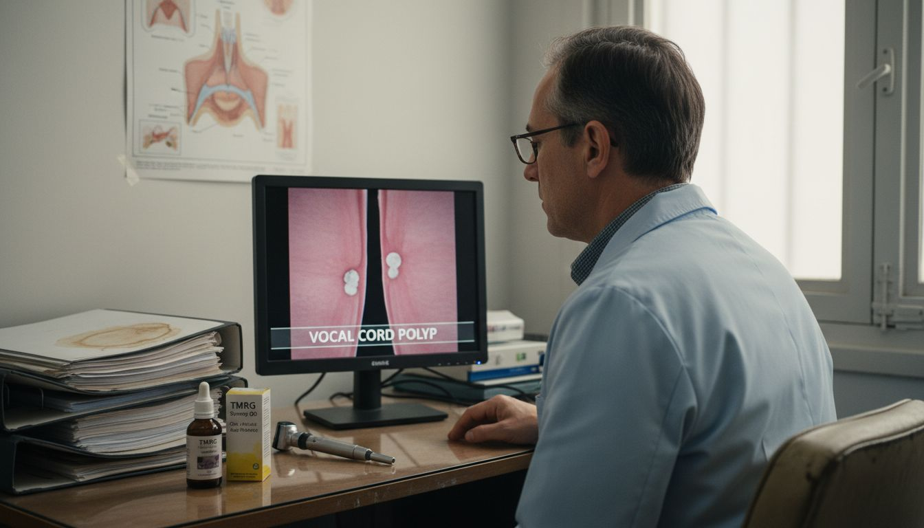 Doctor viewing vocal cord polyp diagnosis