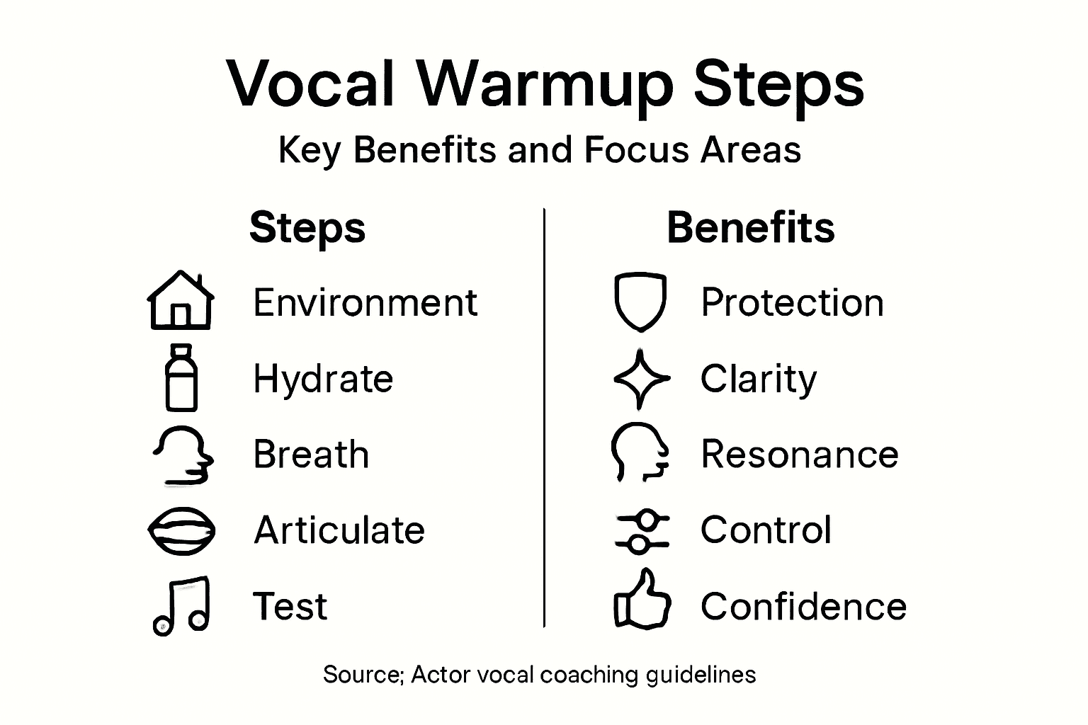 Infographic summarizing vocal warmup steps and benefits