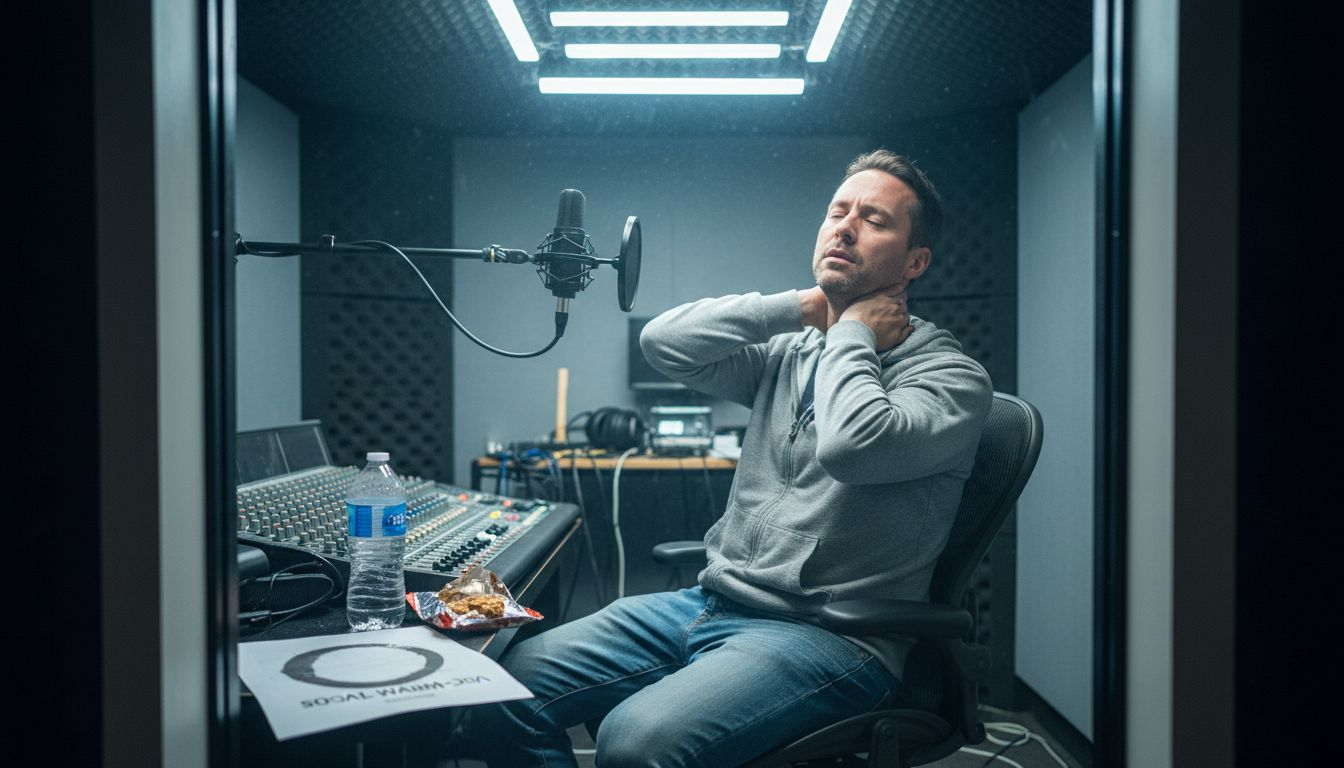 Voice actor showing vocal fatigue in booth