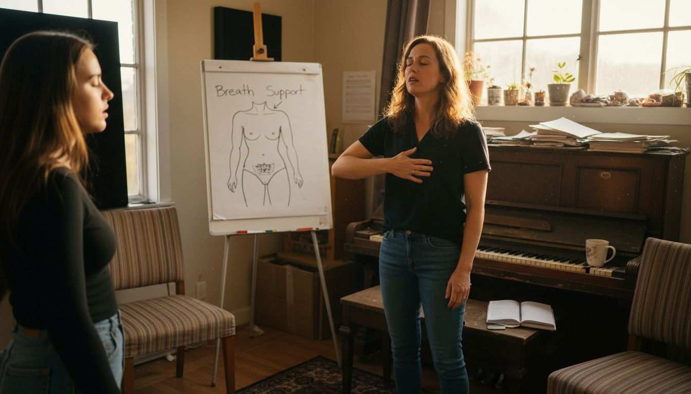 Vocal coach demonstrating deep breathing technique