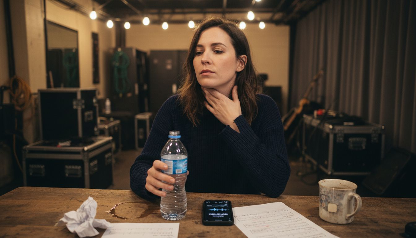 Singer hydrating and preparing backstage