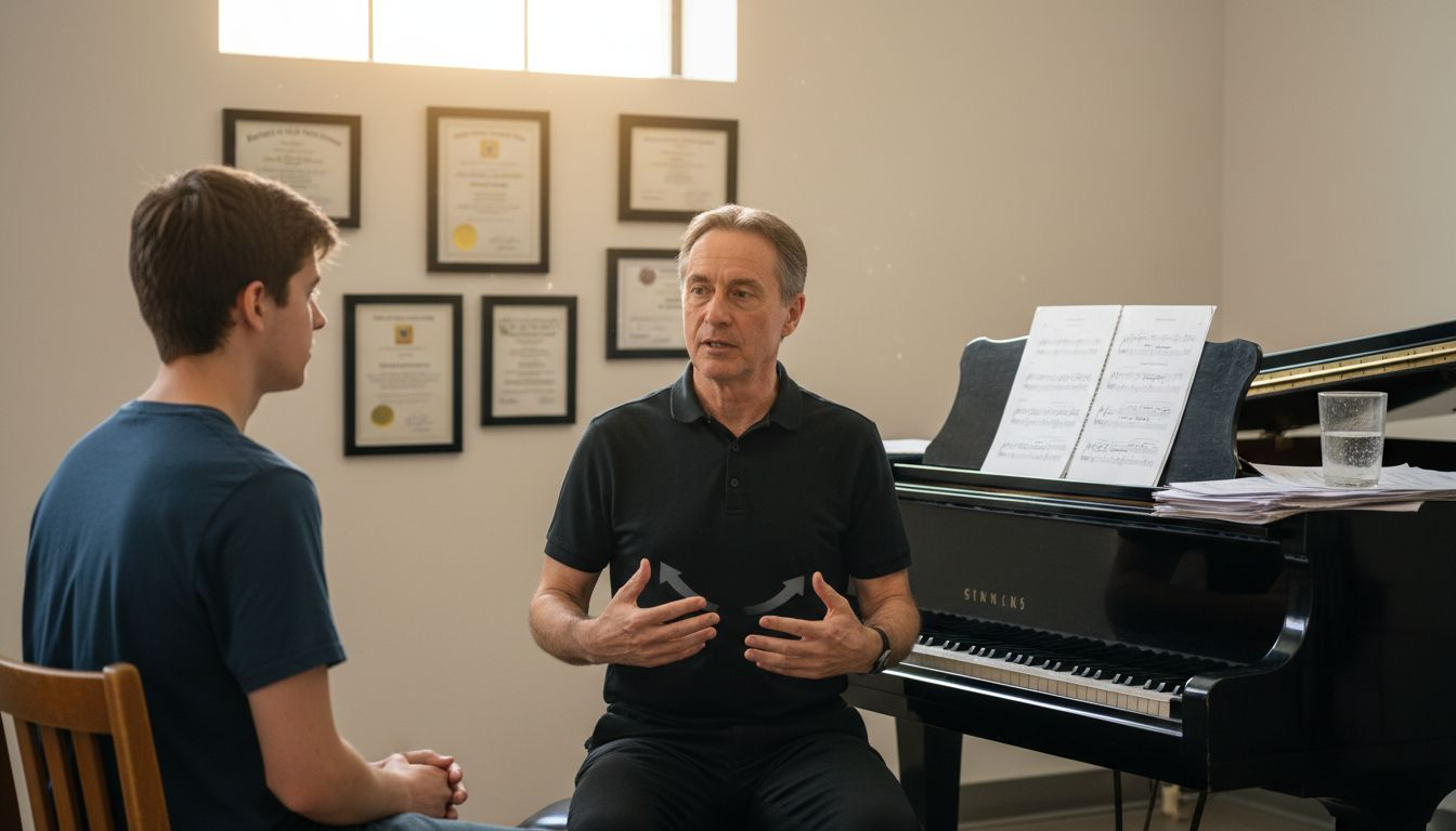Vocal coach teaching exercise in rehearsal room