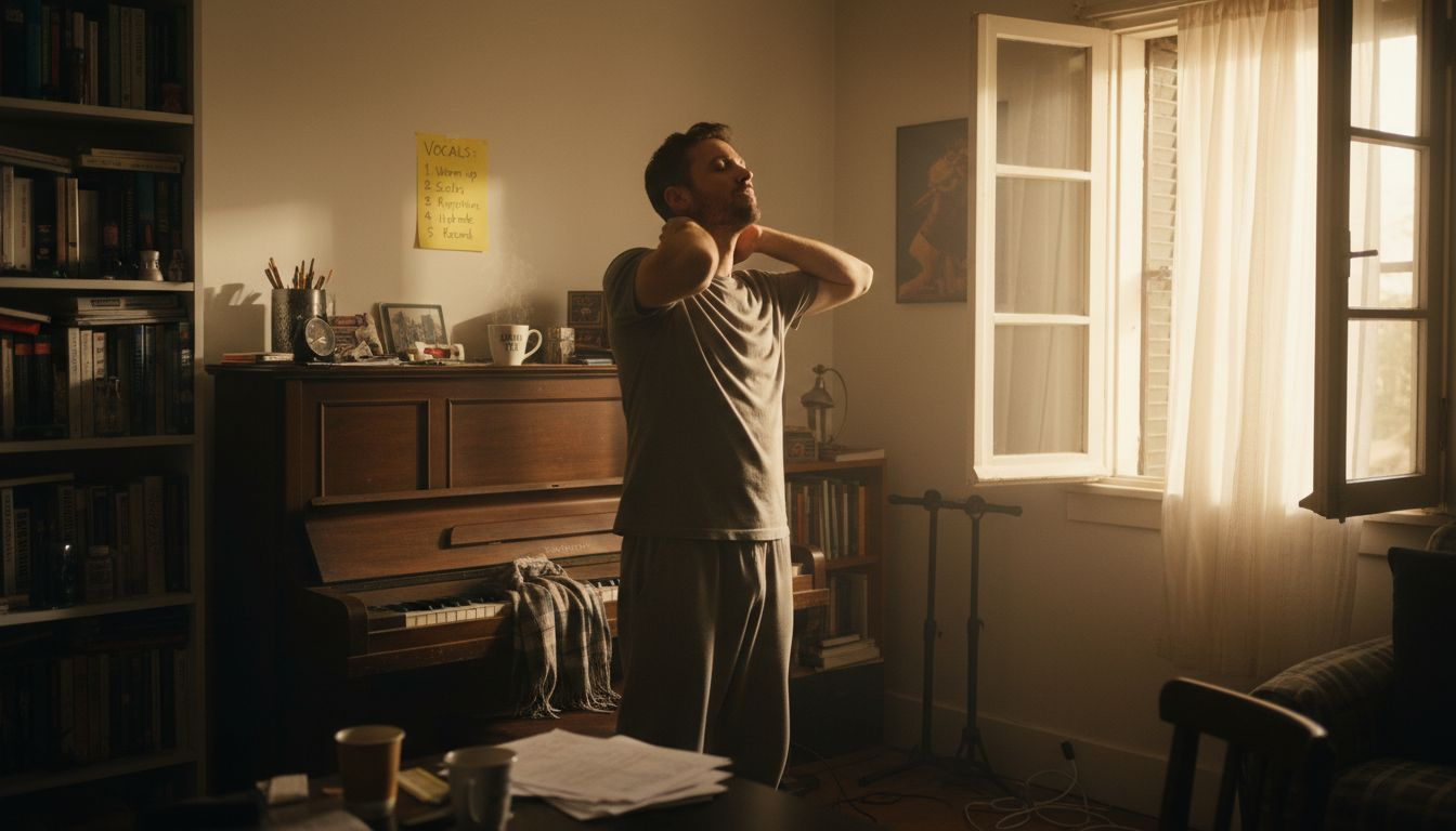 Singer warming up voice in casual room