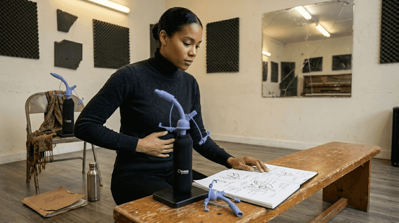 Woman practicing diaphragmatic breathing in rehearsal room