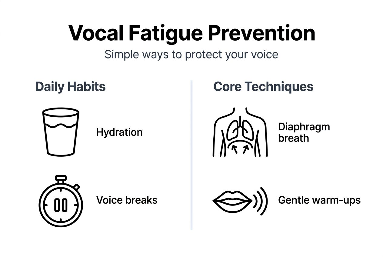 Infographic showing vocal fatigue prevention strategies