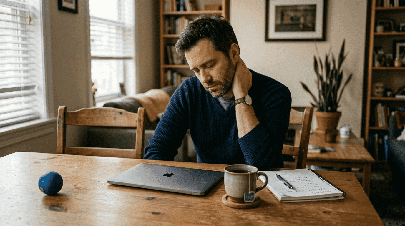 Tired public speaker massaging neck