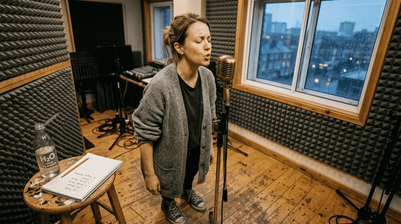 Performer preparing vocal warm-ups in studio