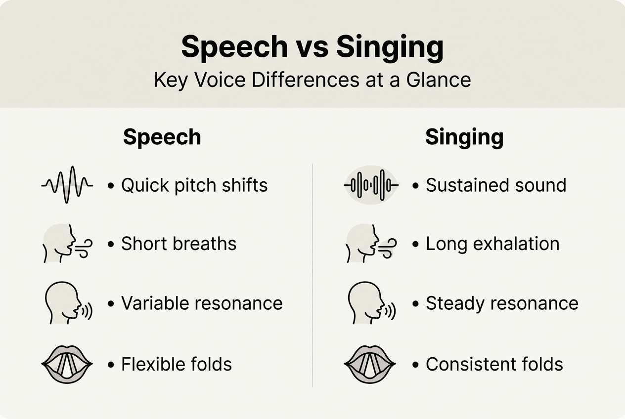 Infographic comparing key speech and singing traits