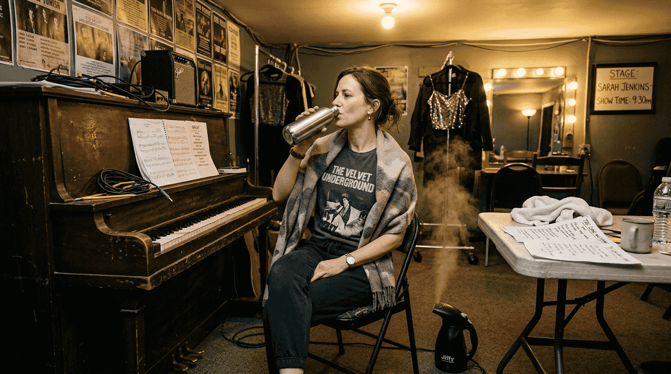 Singer hydrating with water and steaming