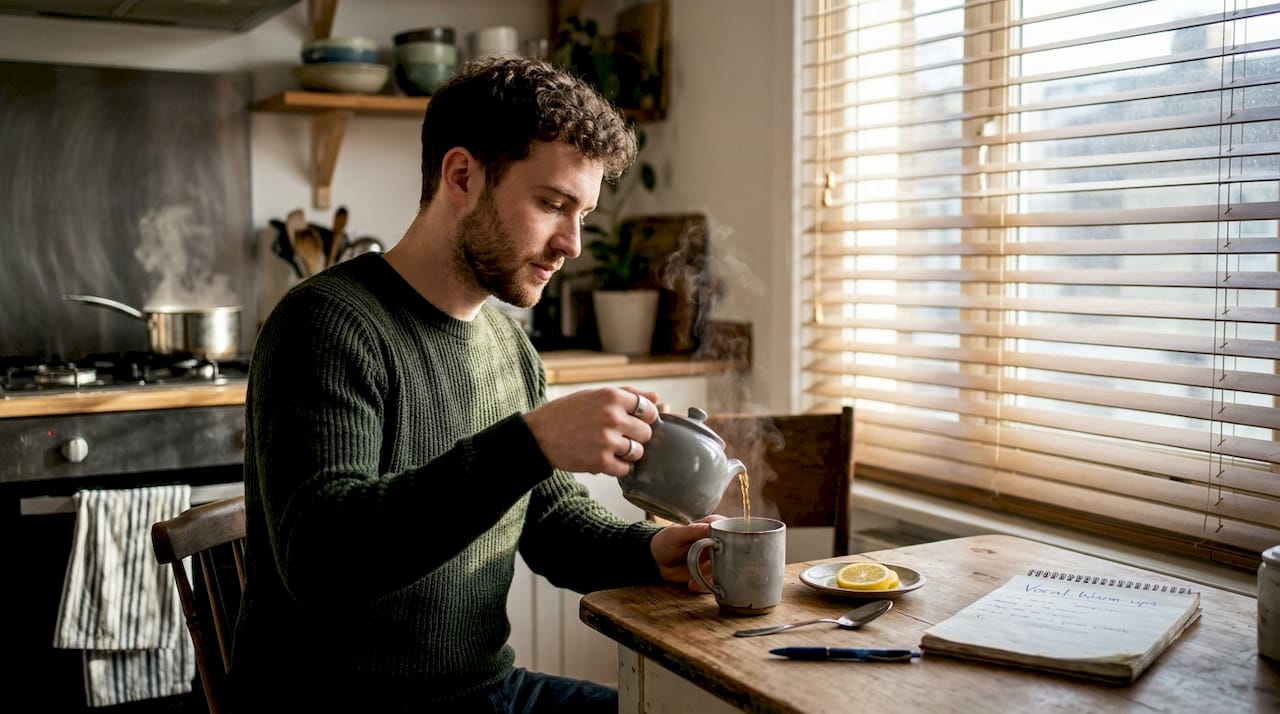 Actor preparing herbal tea for voice care