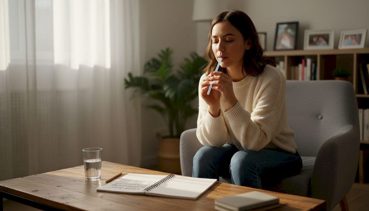 Music teacher practicing voice therapy at home