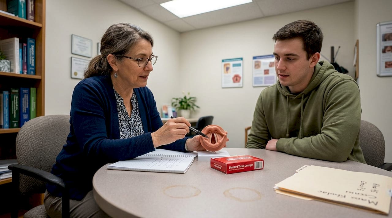 Pathologist showing vocal folds model to client