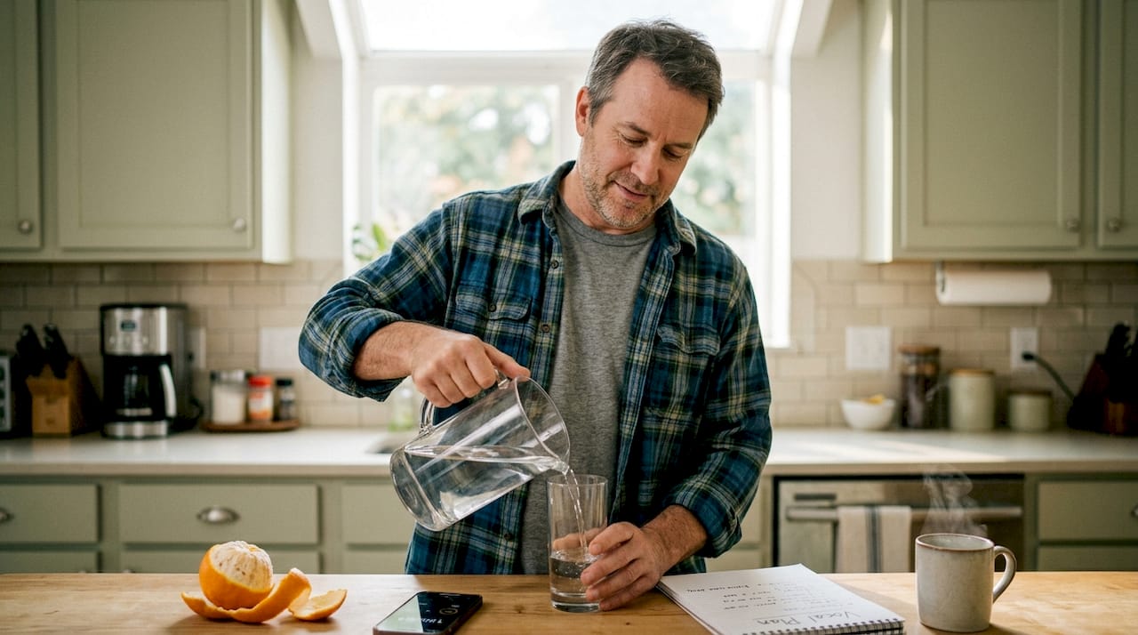 Singer hydrates and warms up at kitchen counter