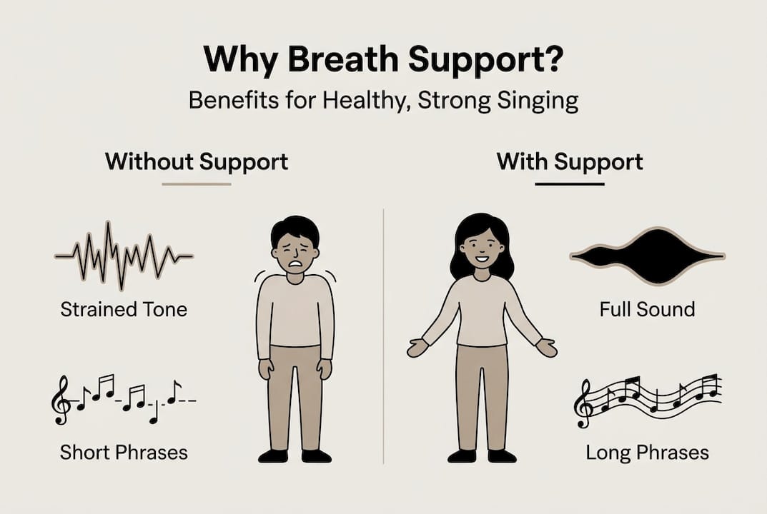 Infographic compares singing with and without breath support