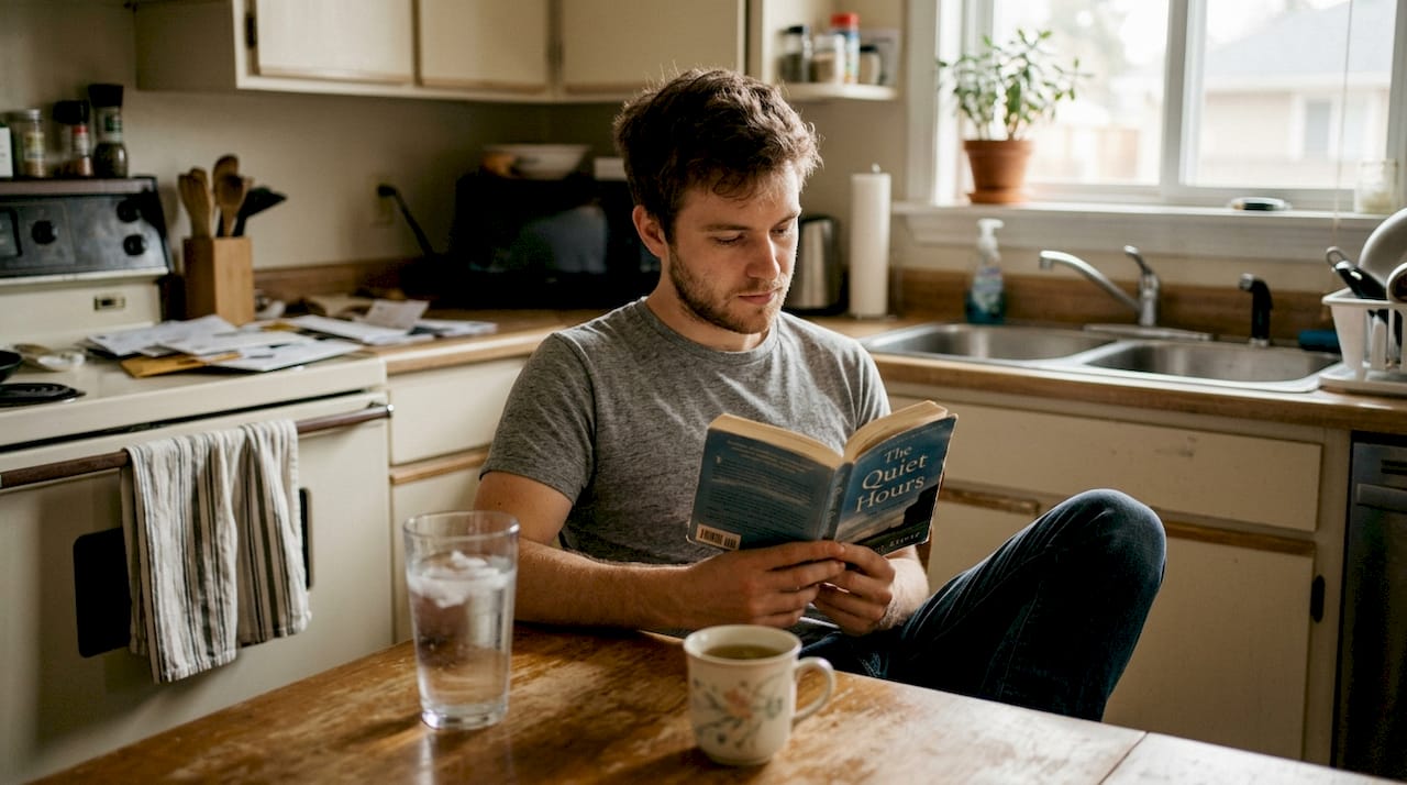 Man hydrating at kitchen table with tea