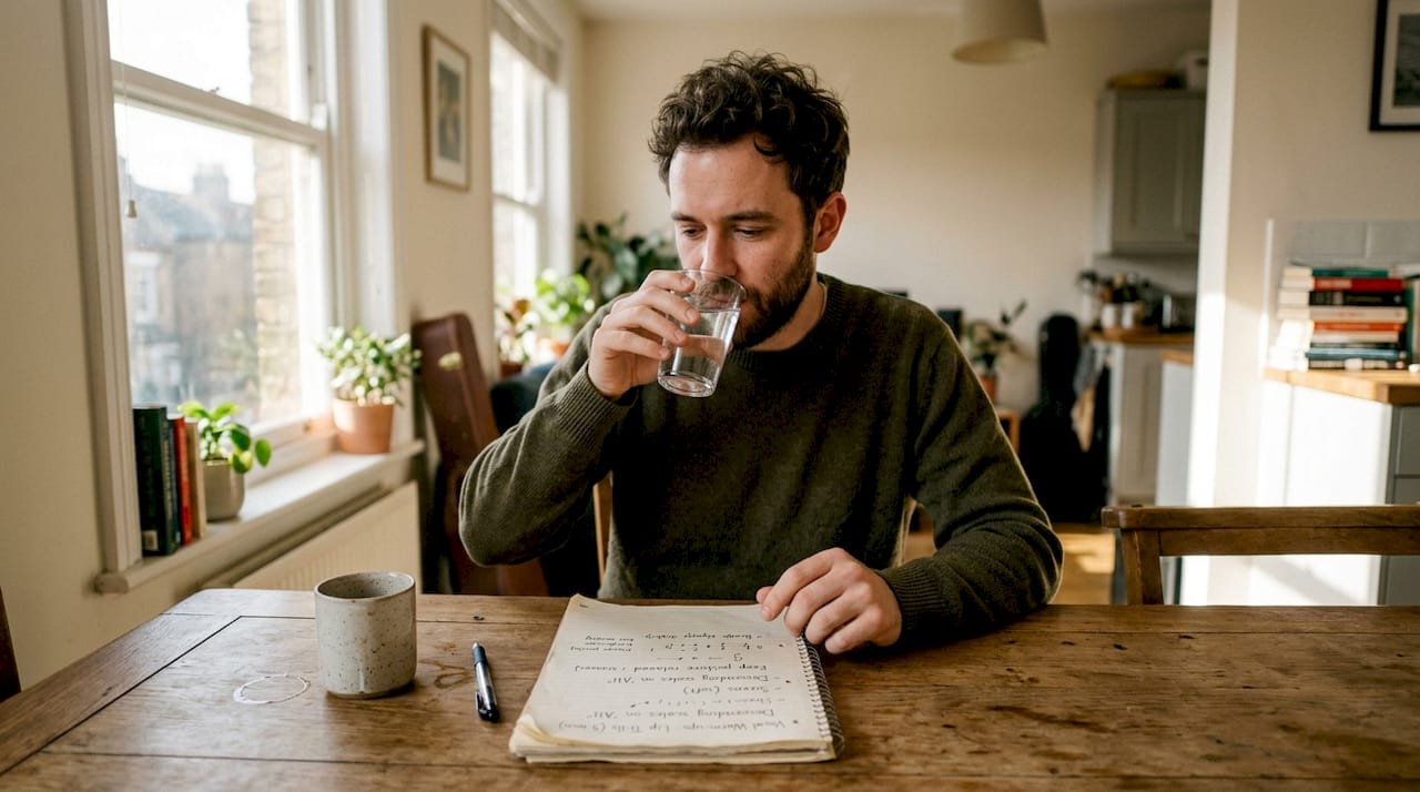 Singer sipping water and reviewing vocal notes