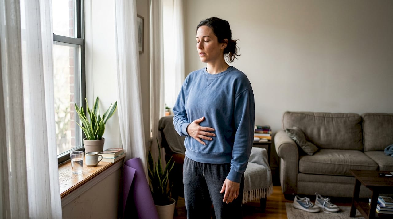 Woman practicing breathing posture at home