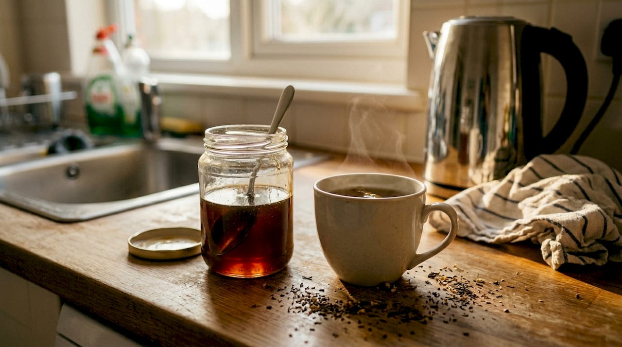 Open honey jar and tea in home kitchen
