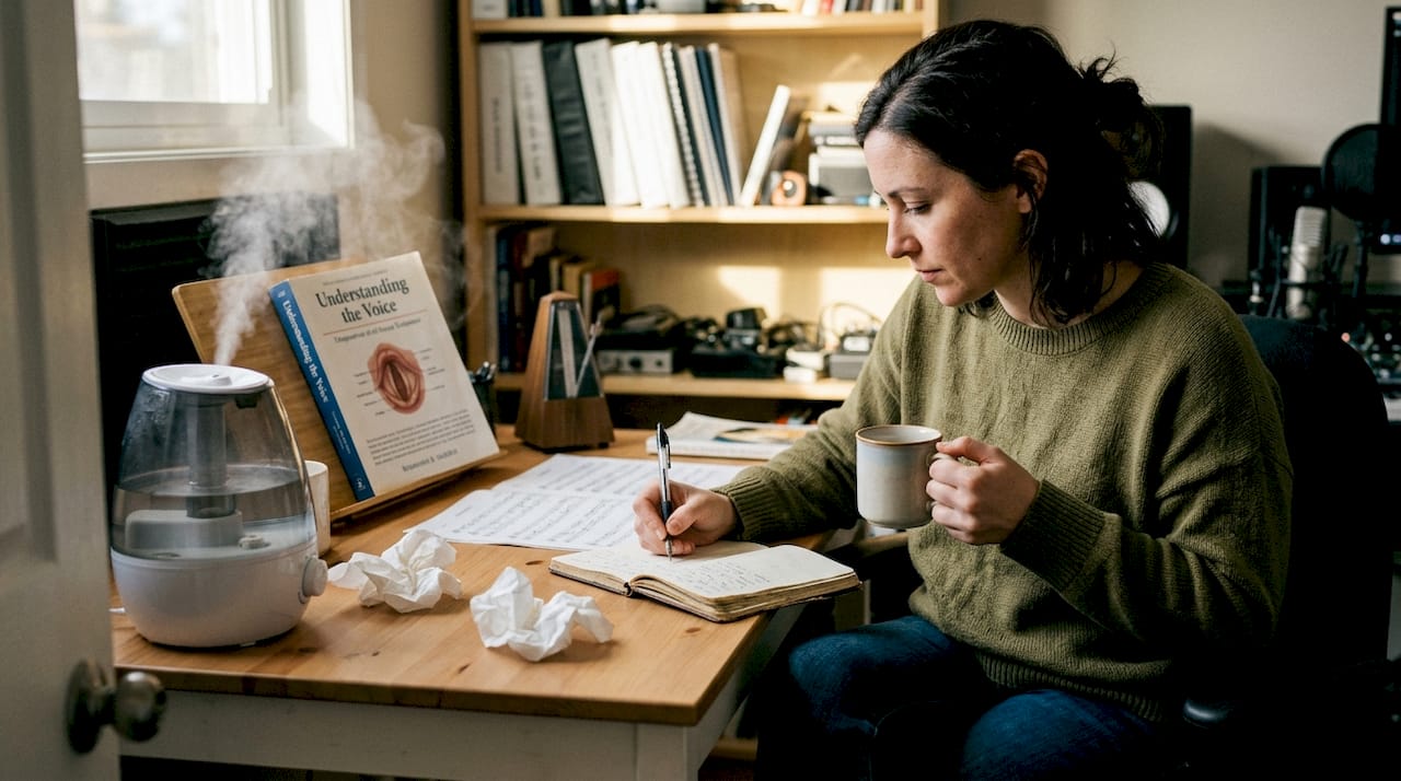 Voice specialist documenting vocal rest recovery
