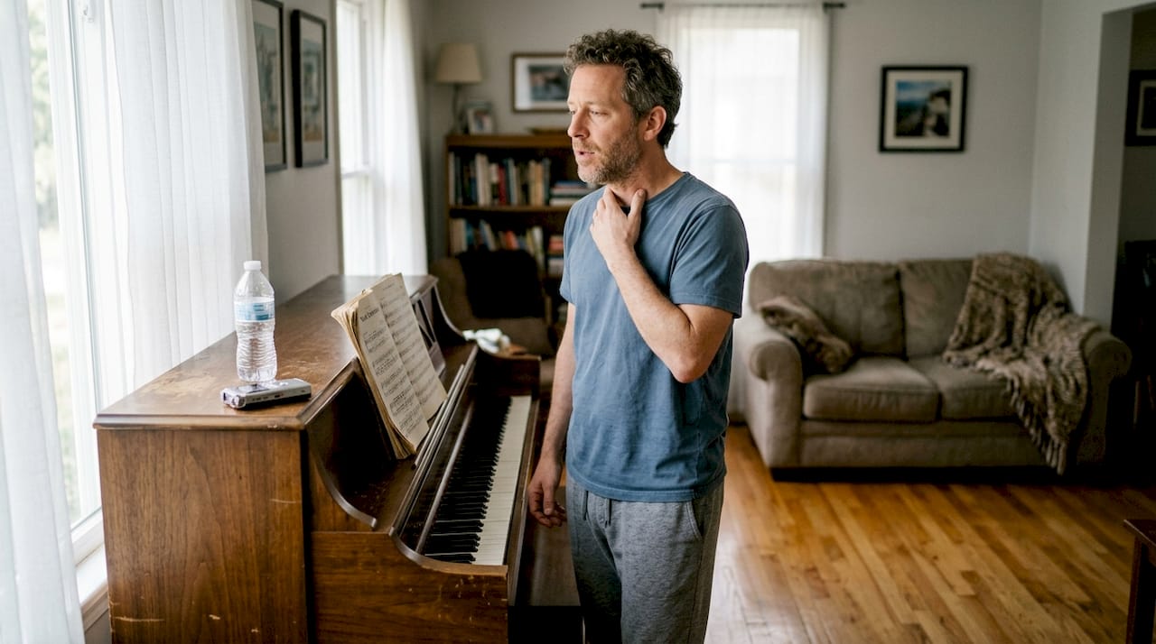 Man practicing gentle vocal recovery exercises