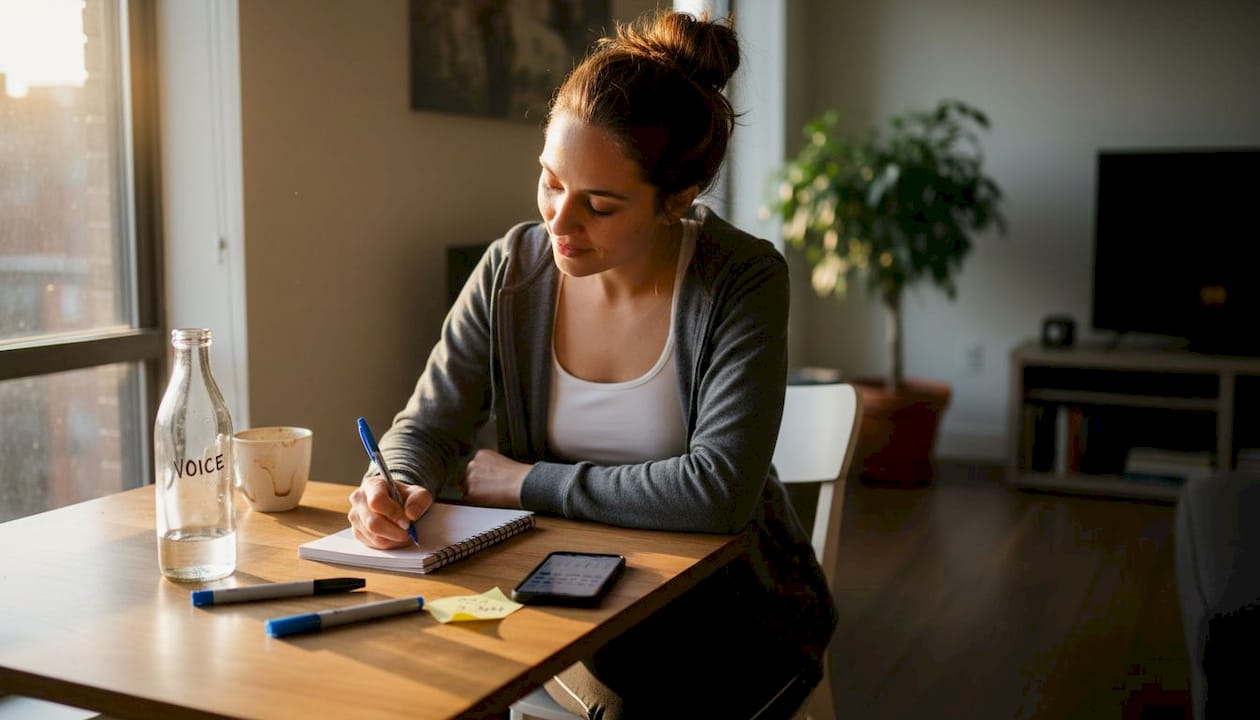 Singer writing voice journal at kitchen table