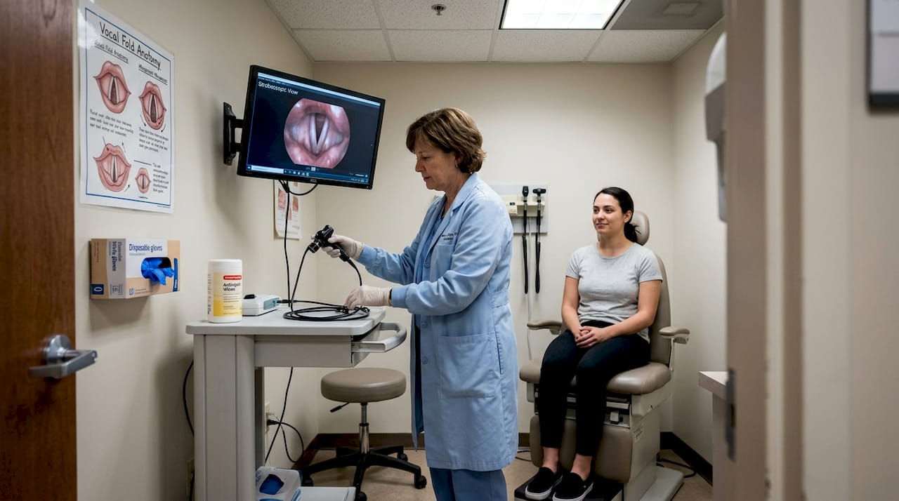 Clinician prepares videolaryngostroboscopy exam scene