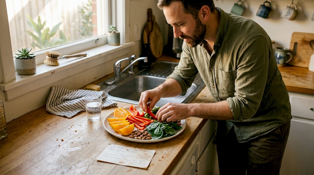 Man prepares antioxidant-rich foods in kitchen