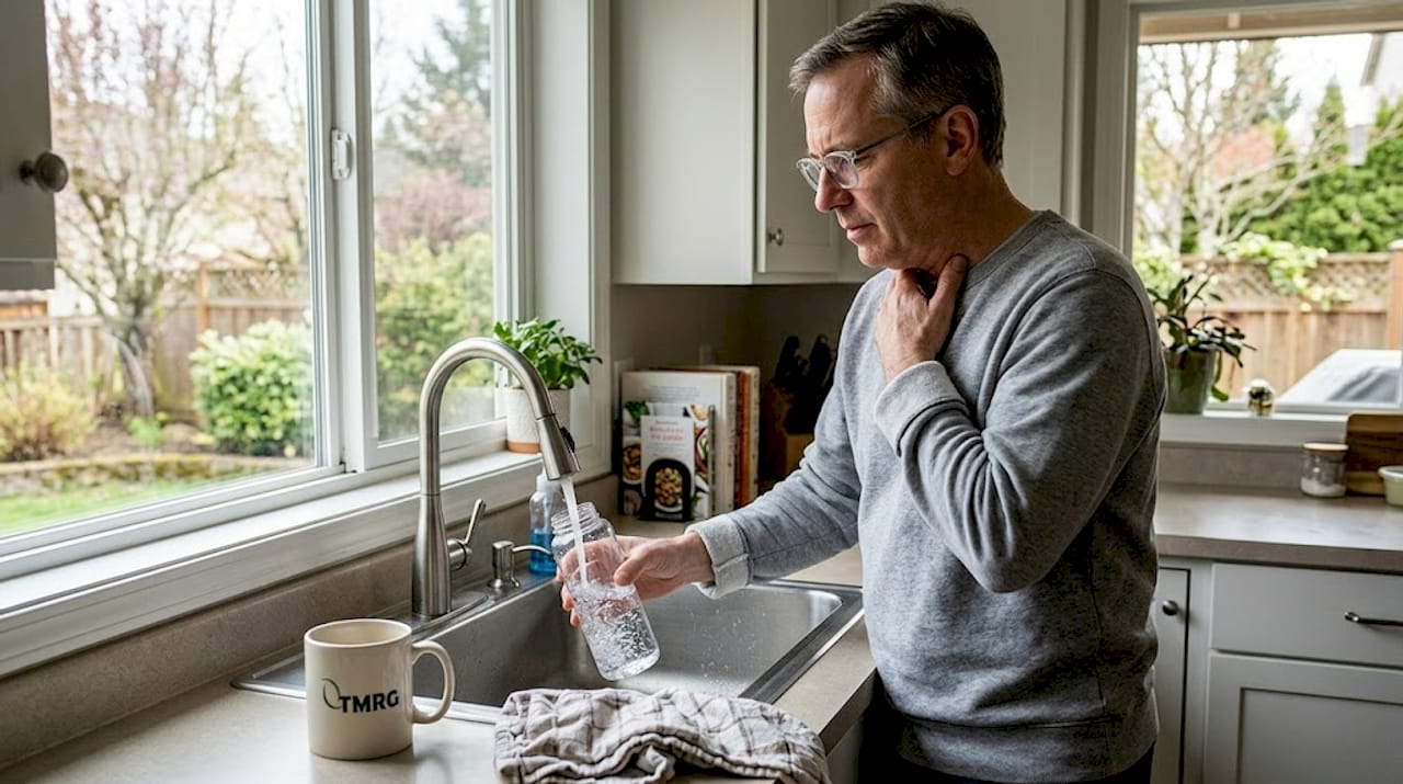 Man filling water bottle for vocal care