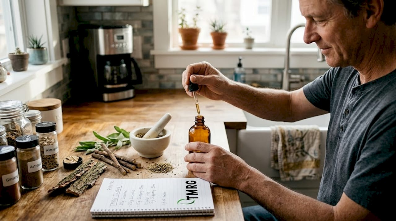 Preparing herbal throat spray in kitchen