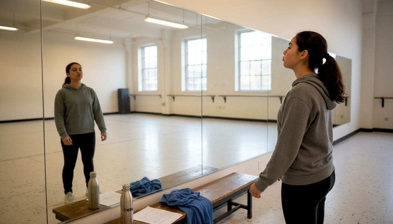 Performer doing vocal warm-up in rehearsal space