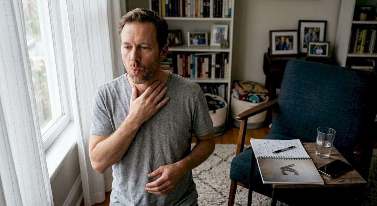 Man practicing lip trills in living room