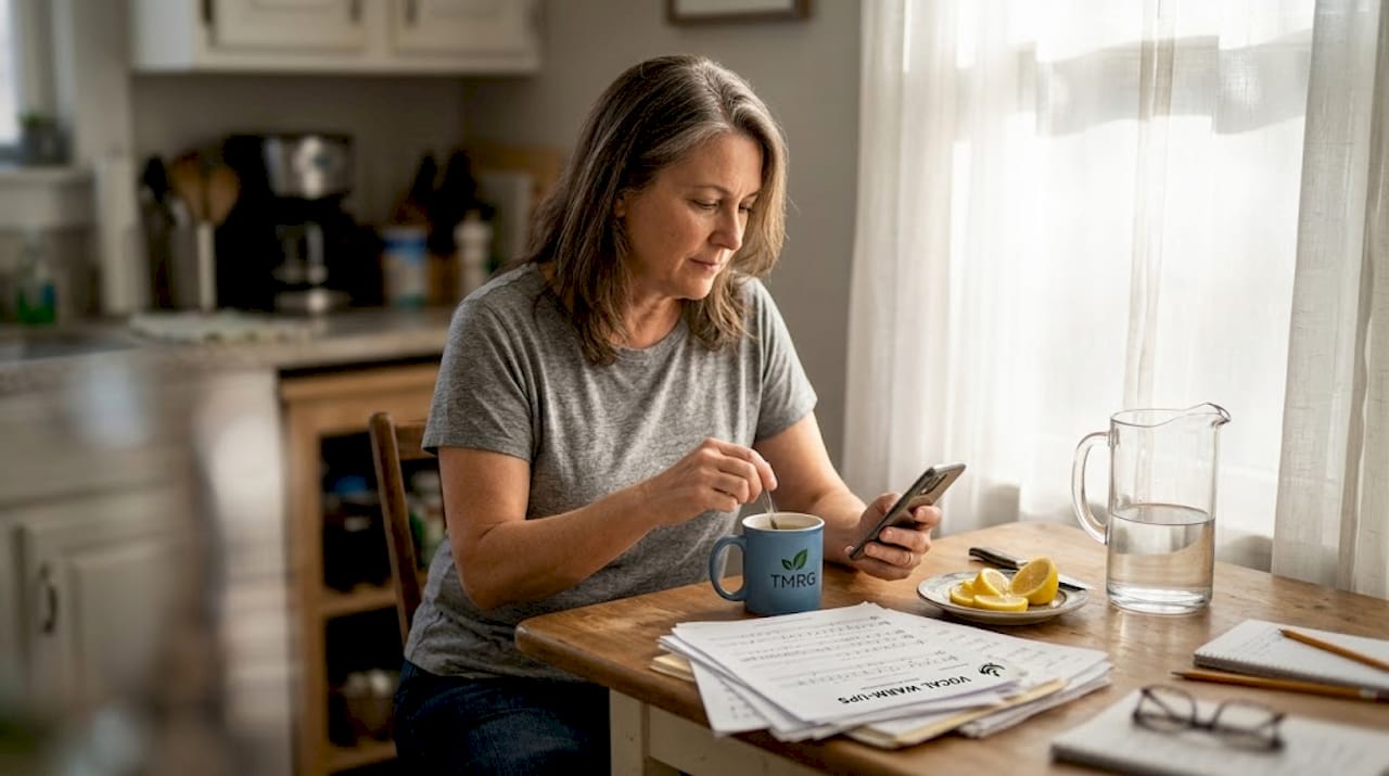 Singer preparing herbal tea for voice recovery