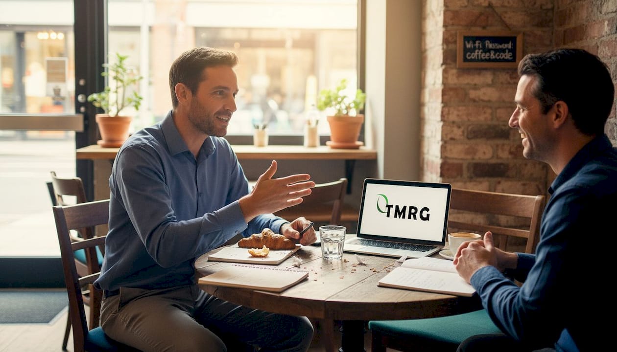 Man speaking in café, natural conversational tone