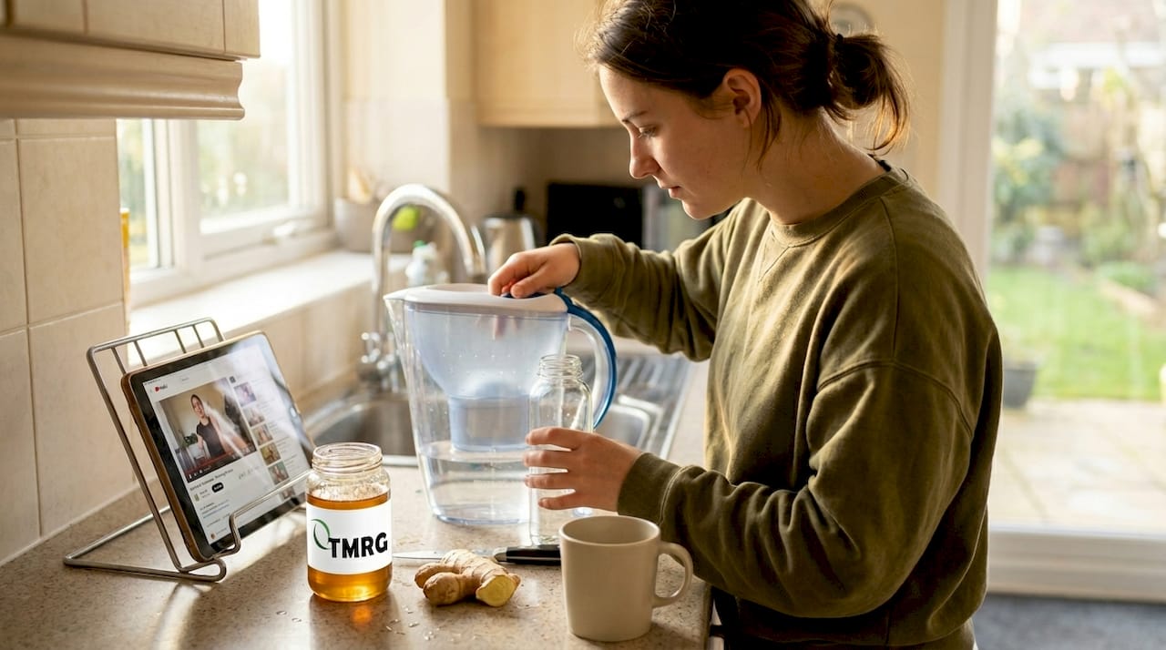 Woman preparing water and tea for hydration