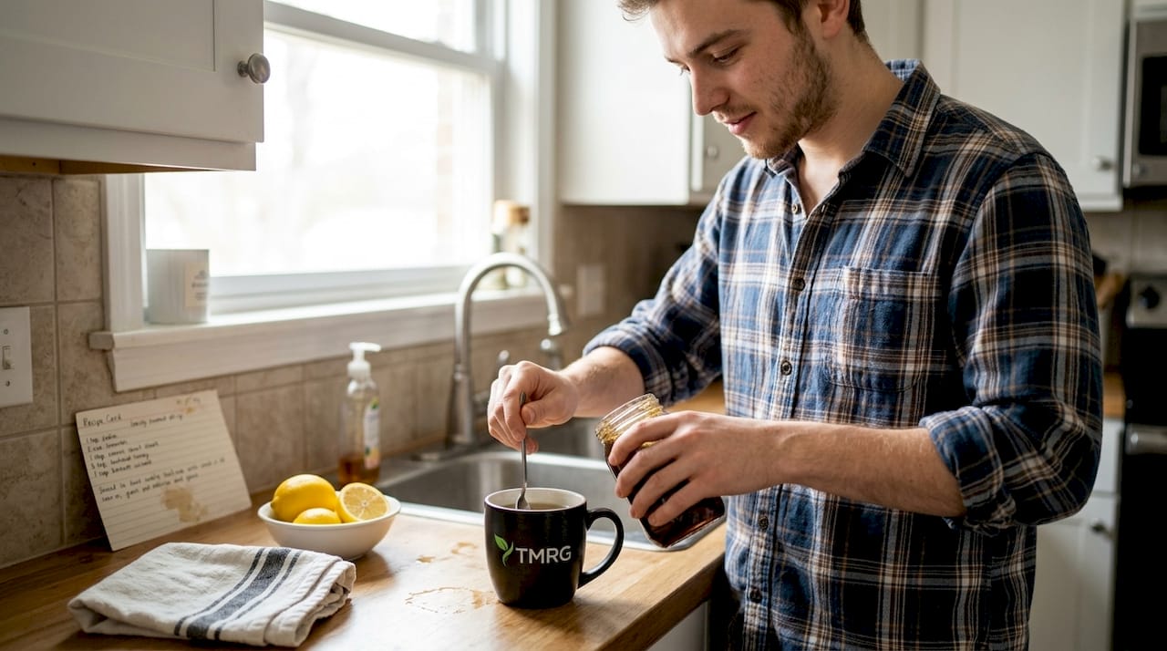 Singer preparing honey tea in kitchen