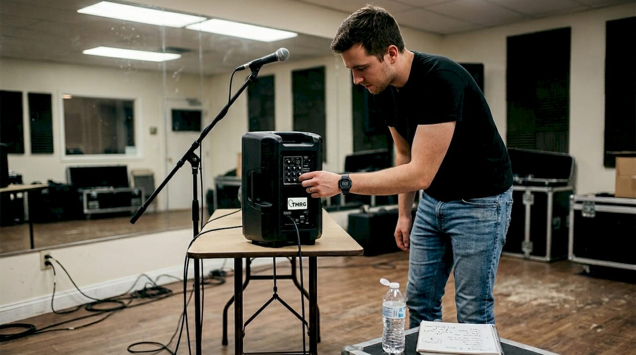 Vocalist sets up microphone in rehearsal studio