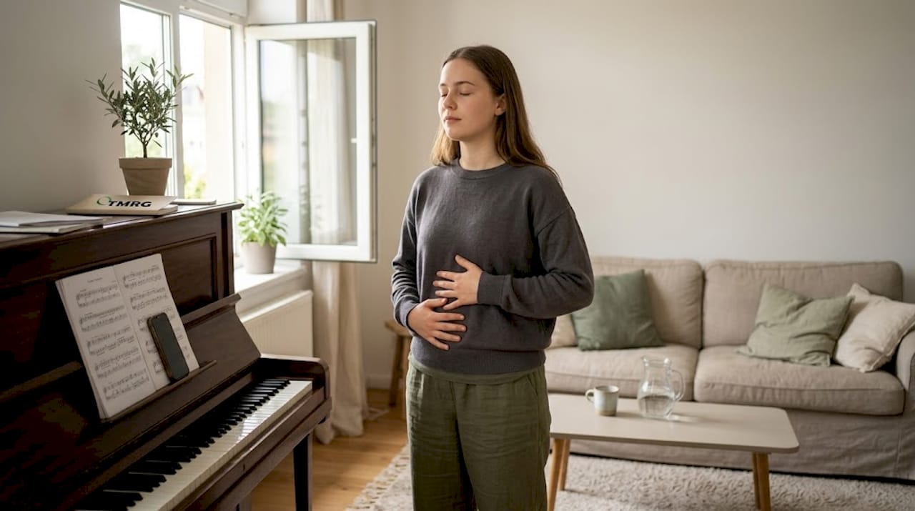 Singer practicing posture for vocal health