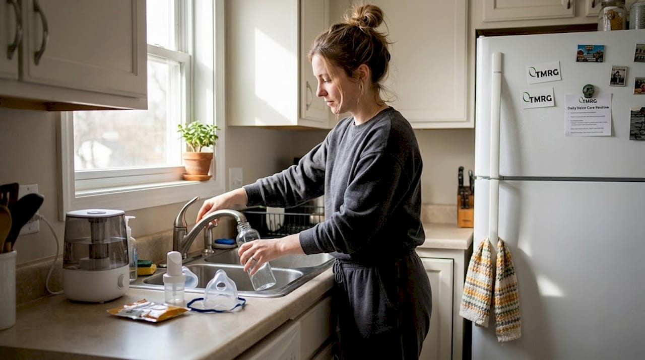 Woman preparing vocal health essentials in kitchen