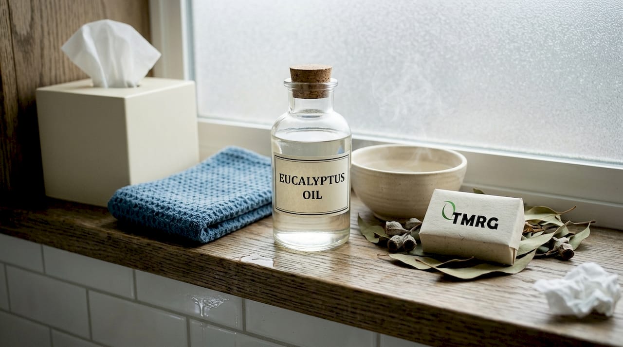 Eucalyptus oil bottle with steam bowl and tissues