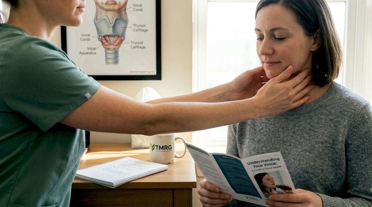 Hands performing manual laryngeal massage