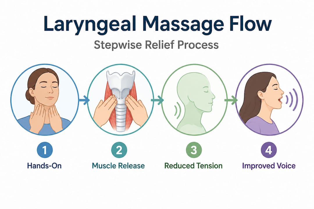 Infographic illustrating laryngeal massage process steps