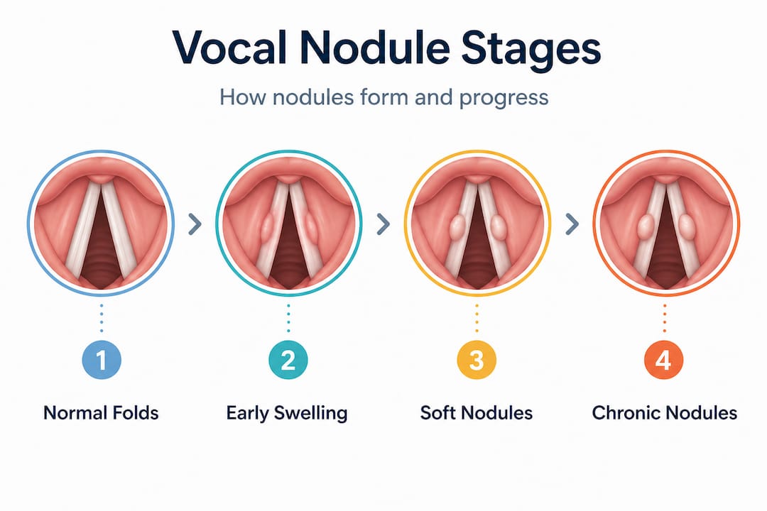 Infographic showing stages of vocal nodule formation