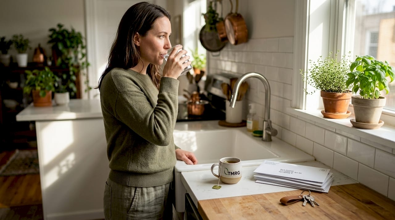 Person drinking water in sunny kitchen