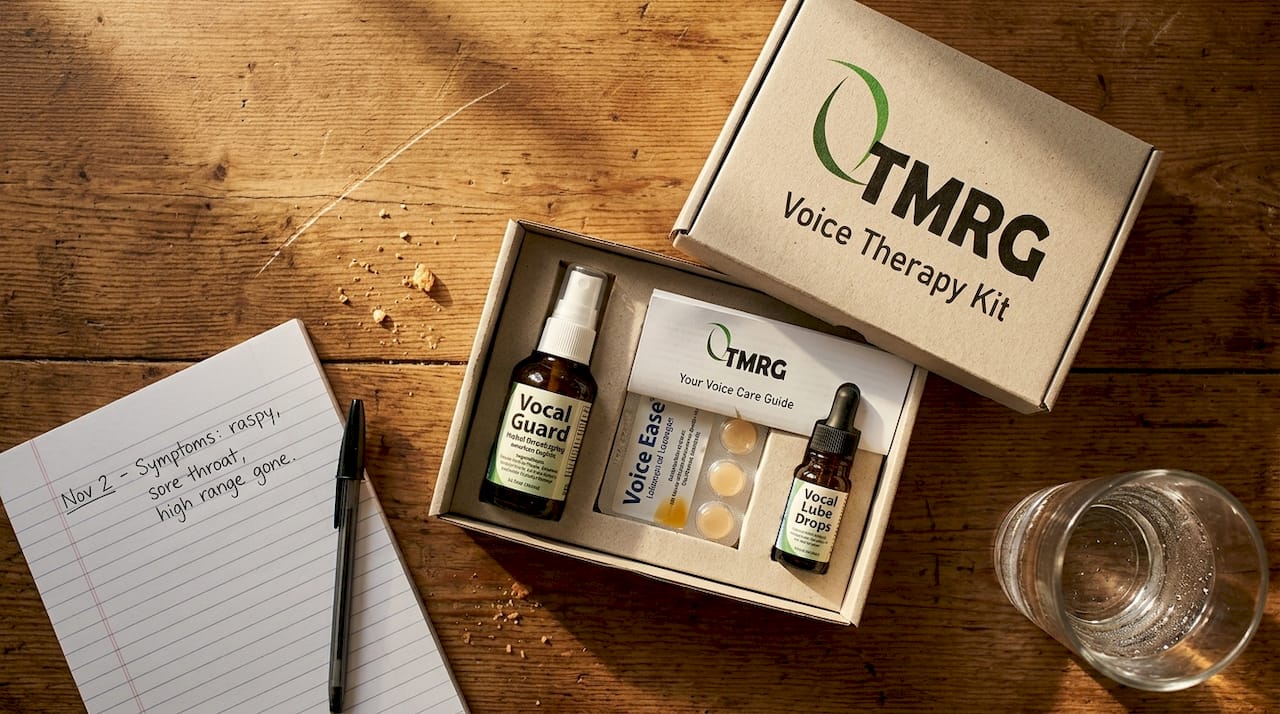 Opened voice therapy kit components tabletop