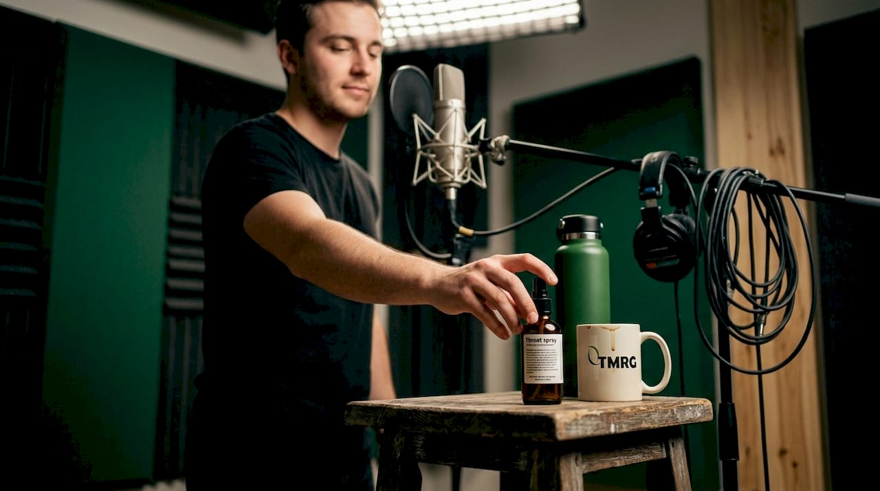 Vocalist reaching for throat spray in studio