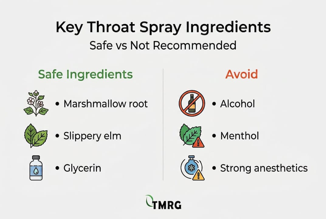 Infographic comparing safe and avoid throat spray ingredients
