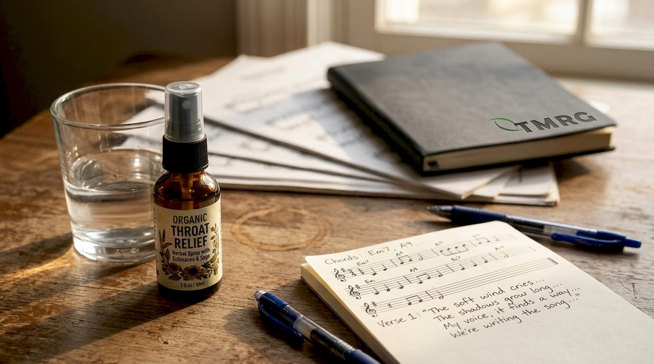 Natural herbal throat spray on cluttered desk