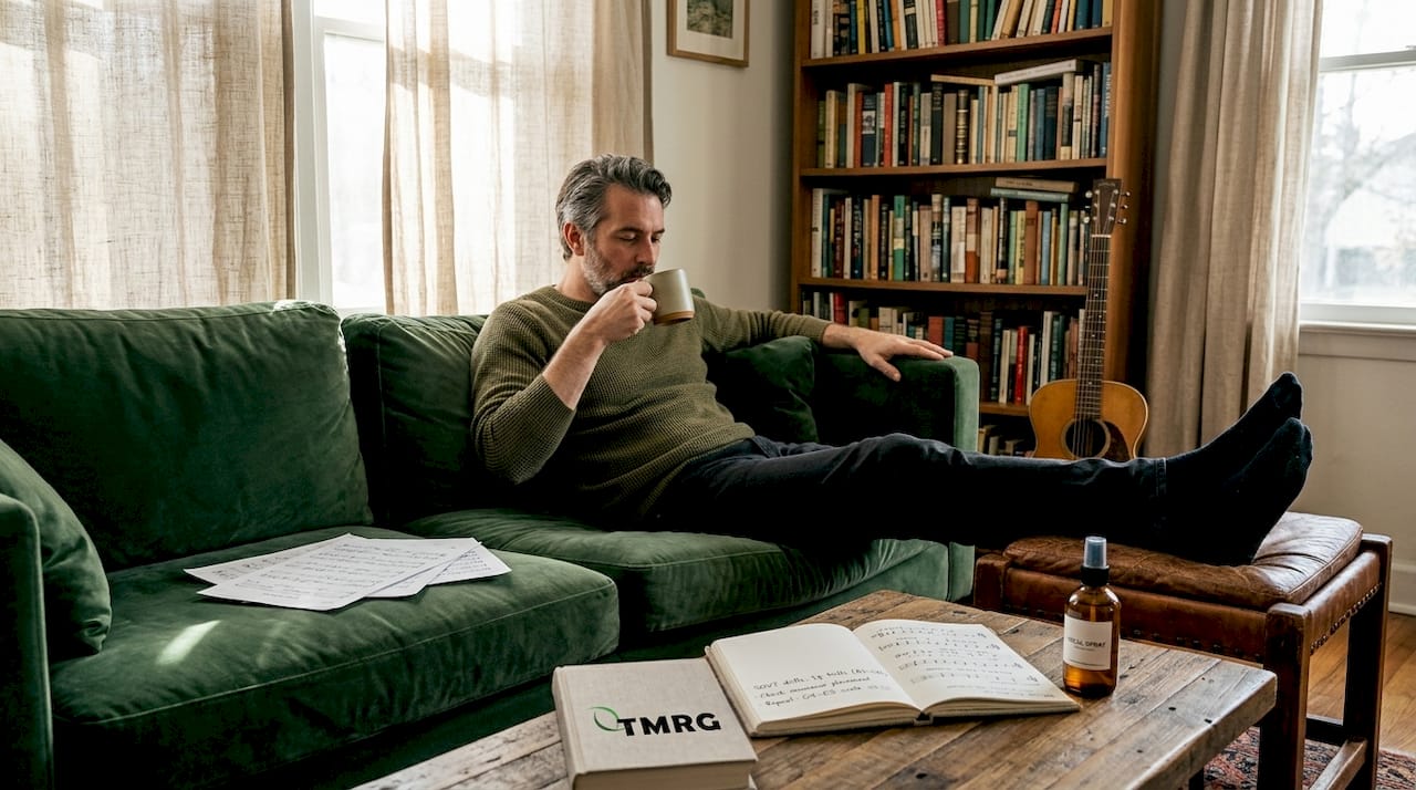 Singer resting with tea in living room for vocal care